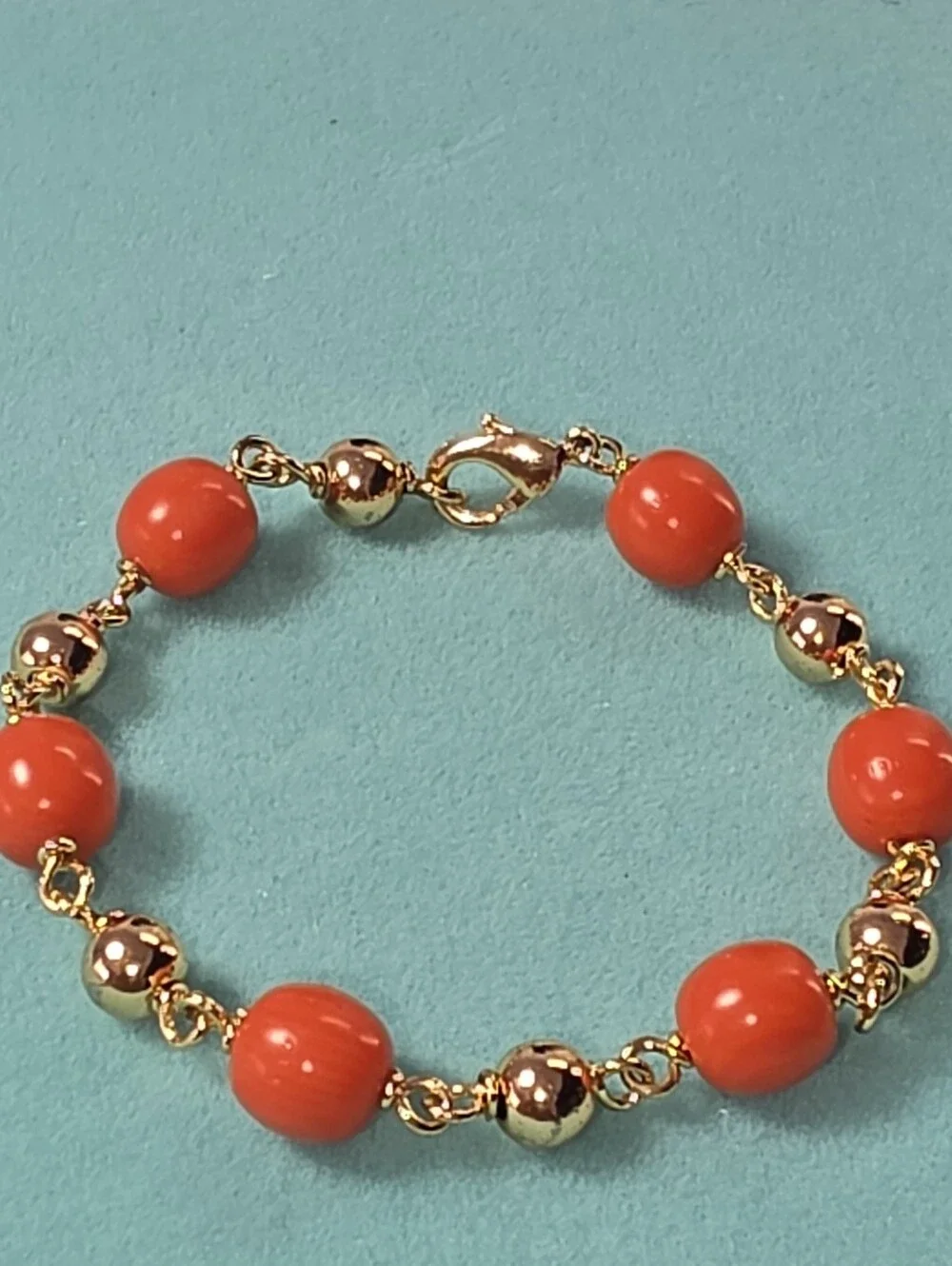 #2604, Signed ( Ls, 14K) Gold plated Baby Bracelet, Japanese Momo Coral, 5.5